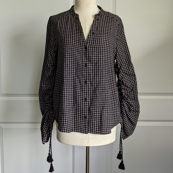 PAIGE Plaid Button Front Split Neck Ruffle Long Sleeve Tassel Black Mauve M NWT - Picture 12 of 14